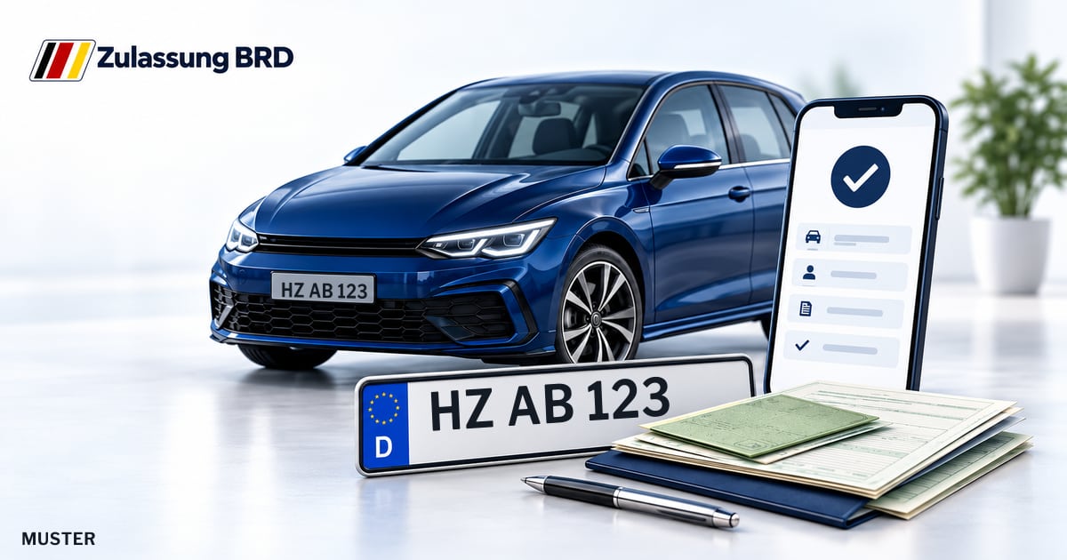 Online Fahrzeugzulassung in Quedlinburg: Musterkennzeichen HZ AB 123, Auto und Fahrzeugpapiere und Smartphone. Illustration mit Logo von Zulassung BRD.
